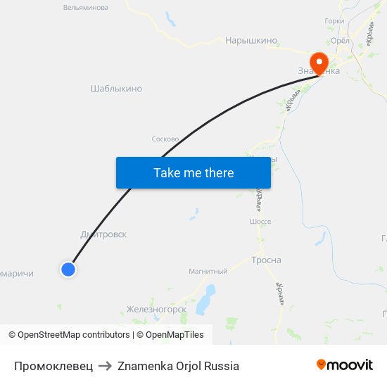 Промоклевец to Znamenka Orjol Russia map