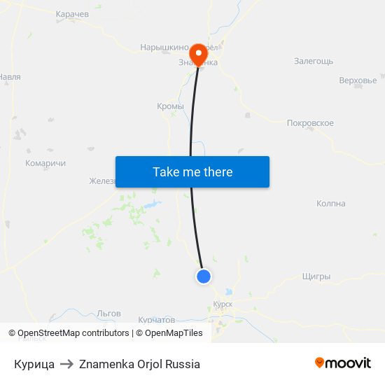 Курица to Znamenka Orjol Russia map