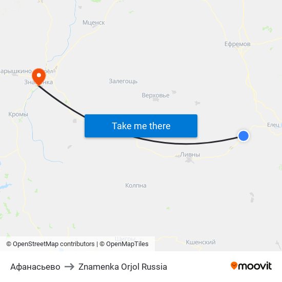 Афанасьево to Znamenka Orjol Russia map