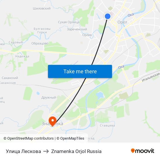 Улица Лескова to Znamenka Orjol Russia map