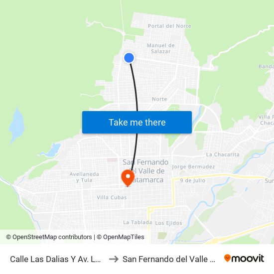 Calle Las Dalias Y Av. Los Terebintos to San Fernando del Valle de Catamarca map