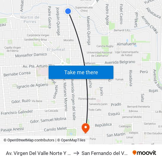 Av. Virgen Del Valle Norte Y Calle Sanchez De Loria to San Fernando del Valle de Catamarca map