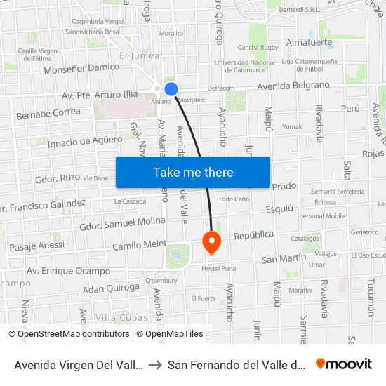 Avenida Virgen Del Valle Norte, 17 to San Fernando del Valle de Catamarca map