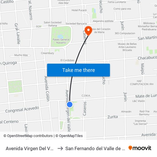 Avenida Virgen Del Valle, 1017 to San Fernando del Valle de Catamarca map