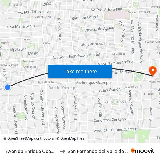 Avenida Enrique Ocampo, 1846 to San Fernando del Valle de Catamarca map