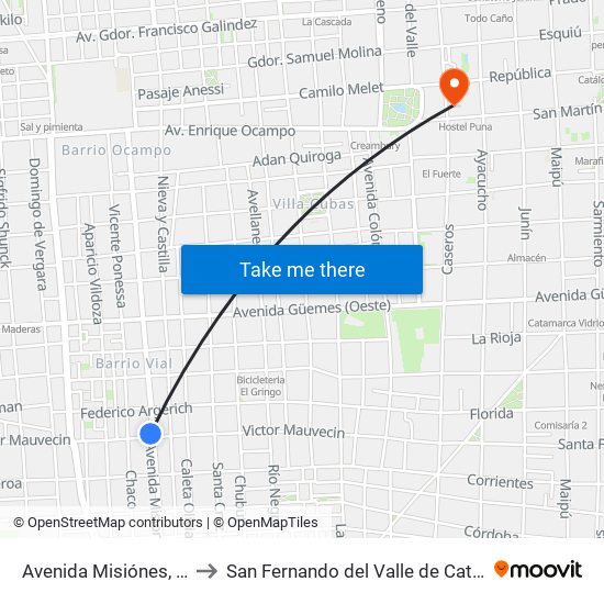 Avenida Misiónes, 1574 to San Fernando del Valle de Catamarca map