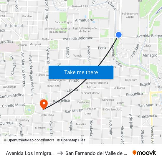 Avenida Los Inmigrantes, 20 to San Fernando del Valle de Catamarca map