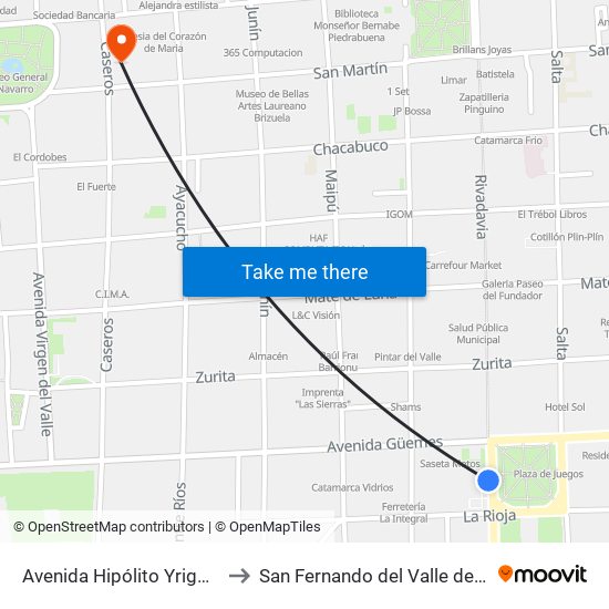 Avenida Hipólito Yrigoyen, 1243 to San Fernando del Valle de Catamarca map