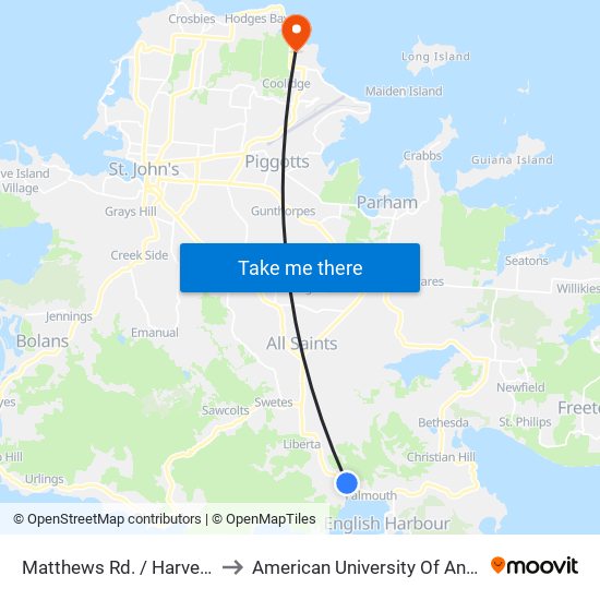 Matthews Rd. / Harvey St. to American University Of Antigua map