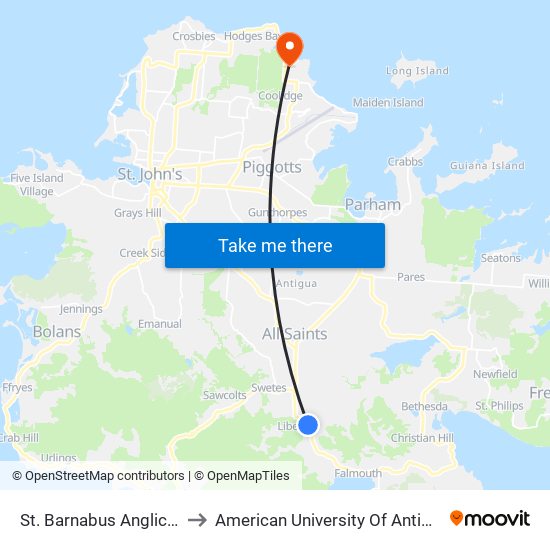 St. Barnabus Anglican to American University Of Antigua map