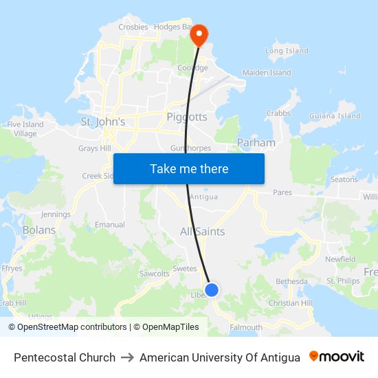 Pentecostal Church to American University Of Antigua map