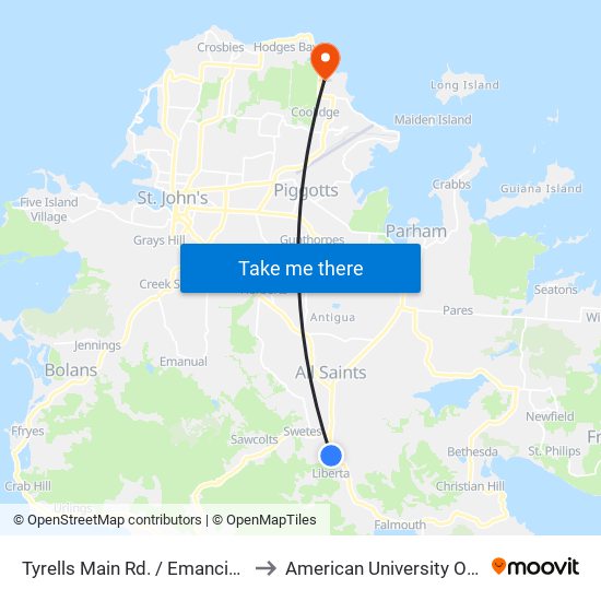 Tyrells Main Rd. / Emancipation Rd. to American University Of Antigua map