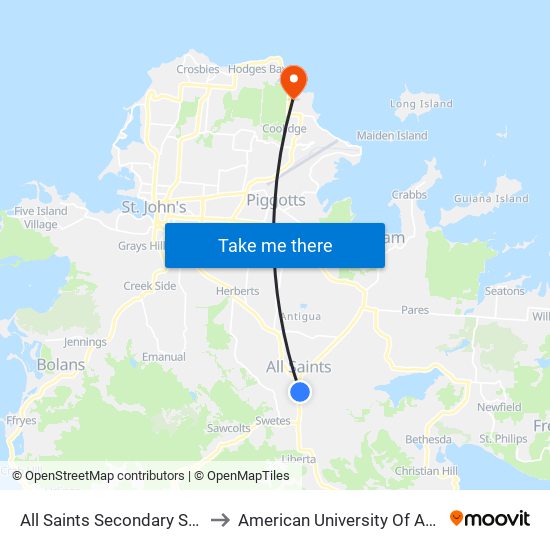 All Saints Secondary School to American University Of Antigua map