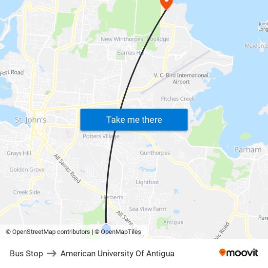 Bus Stop to American University Of Antigua map