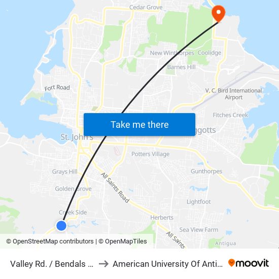 Valley Rd. / Bendals Rd. to American University Of Antigua map