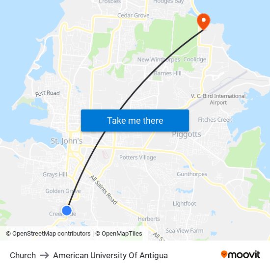 Church to American University Of Antigua map