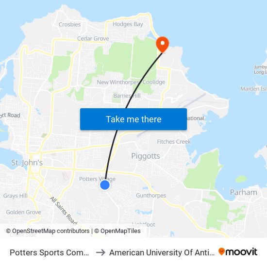 Potters Sports Complex to American University Of Antigua map