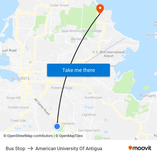 Bus Stop to American University Of Antigua map