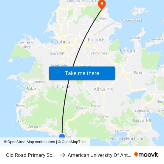 Old Road Primary School to American University Of Antigua map