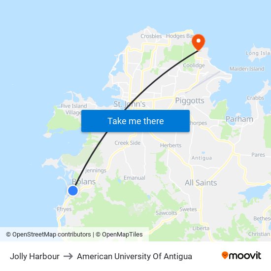 Jolly Harbour to American University Of Antigua map