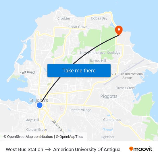 West Bus Station to American University Of Antigua map