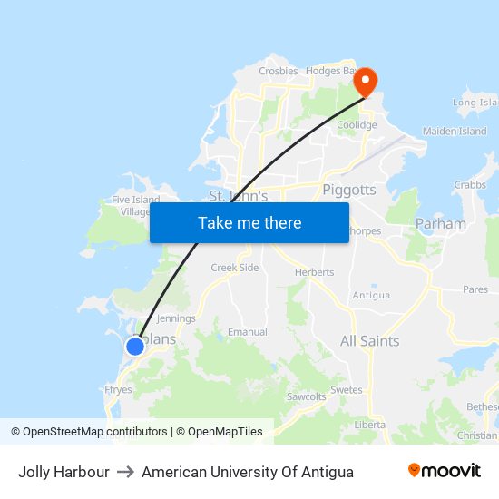 Jolly Harbour to American University Of Antigua map
