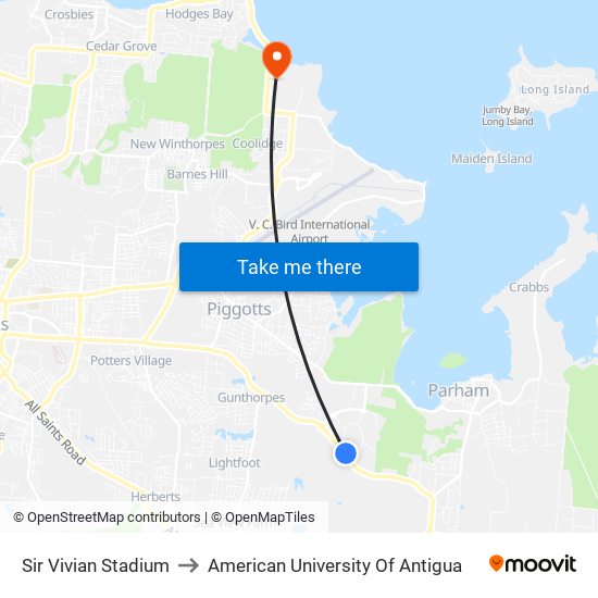 Sir Vivian Stadium to American University Of Antigua map