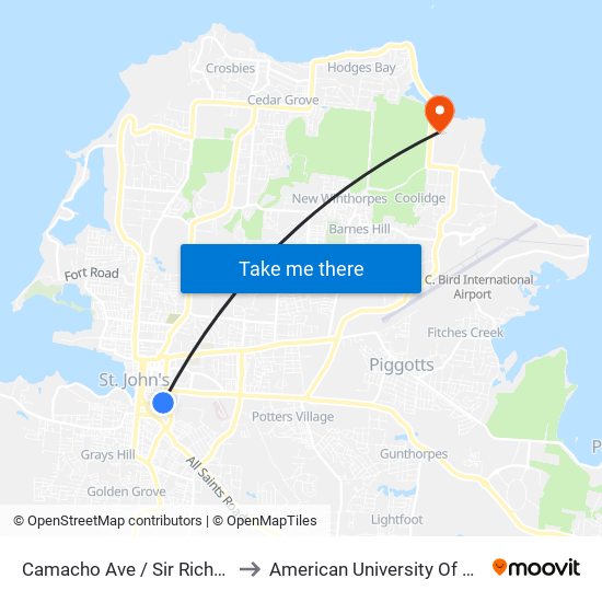 Camacho Ave / Sir Richards St to American University Of Antigua map