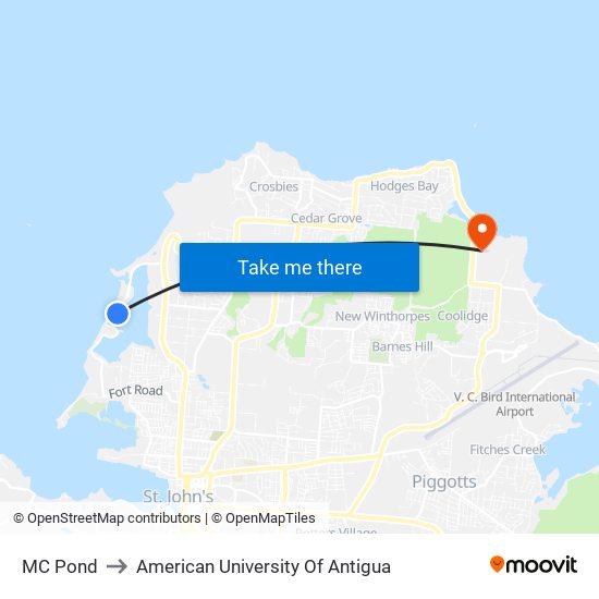 MC Pond to American University Of Antigua map