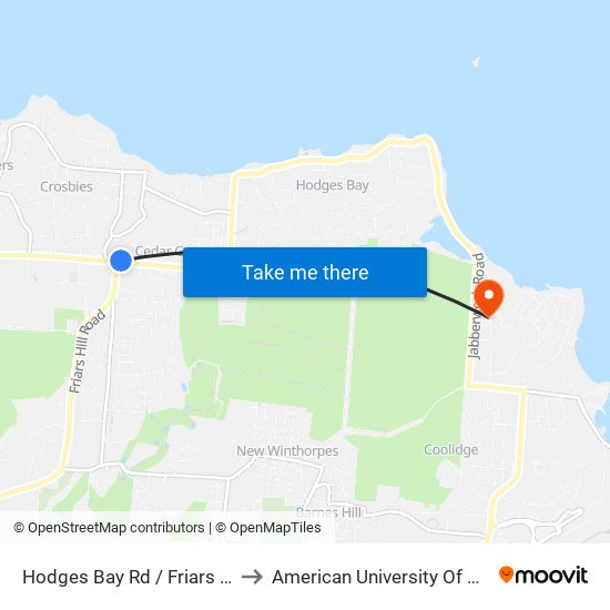 Hodges Bay Rd / Friars Hill Rd to American University Of Antigua map