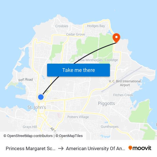 Princess Margaret School to American University Of Antigua map