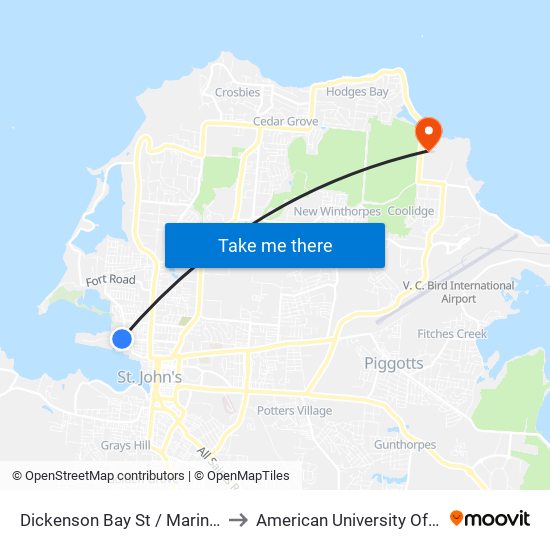 Dickenson Bay St / Mariners Lane to American University Of Antigua map