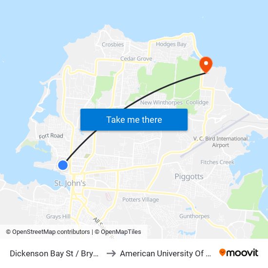 Dickenson Bay St / Brysons St to American University Of Antigua map