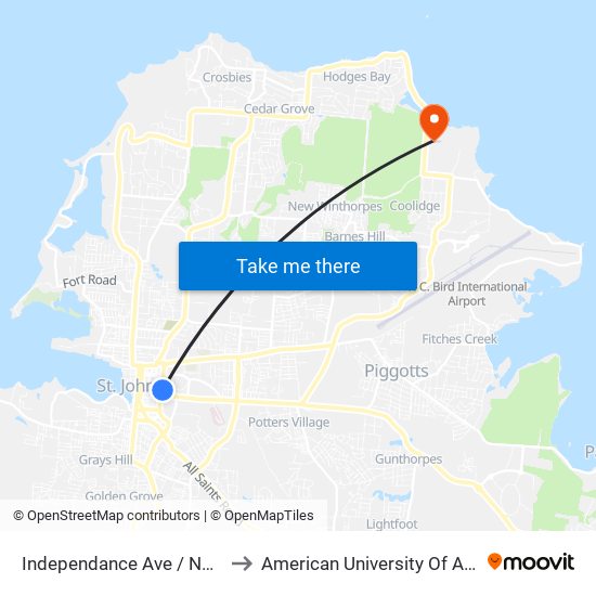 Independance Ave / Nevis St to American University Of Antigua map