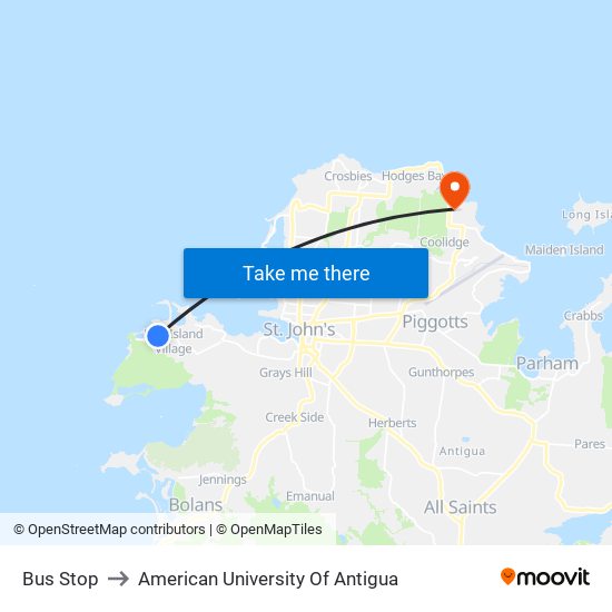 Bus Stop to American University Of Antigua map