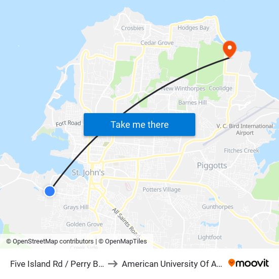 Five Island Rd / Perry Bay Rd to American University Of Antigua map