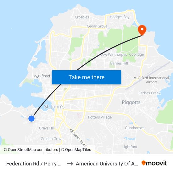 Federation Rd / Perry Bay Rd to American University Of Antigua map