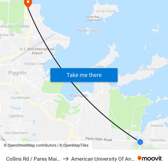 Collins Rd / Pares Main Rd to American University Of Antigua map