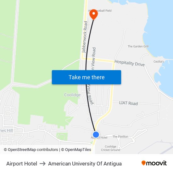 Airport Hotel to American University Of Antigua map