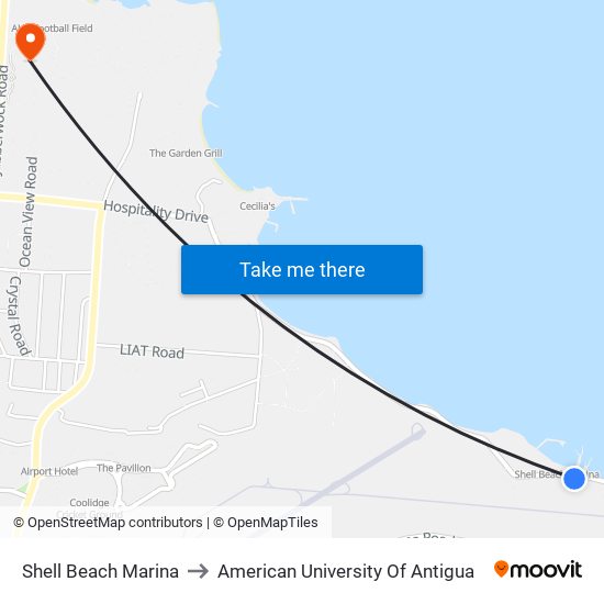 Shell Beach Marina to American University Of Antigua map