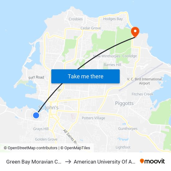 Green Bay Moravian Church to American University Of Antigua map