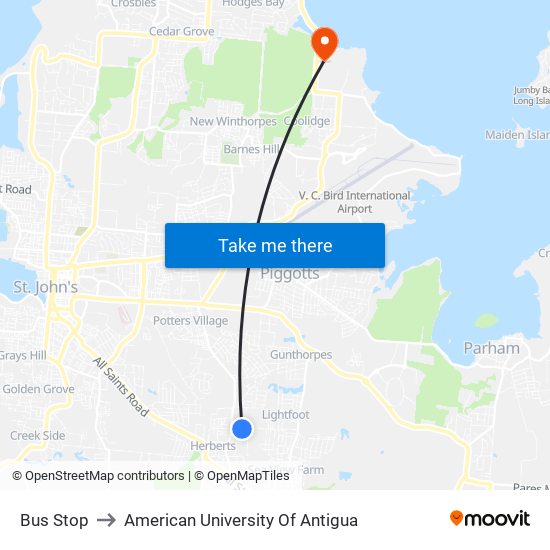 Bus Stop to American University Of Antigua map