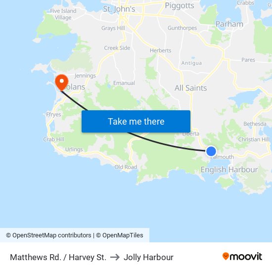 Matthews Rd. / Harvey St. to Jolly Harbour map