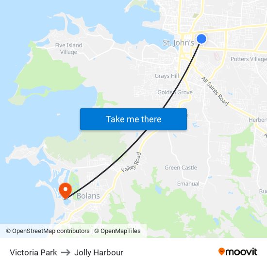 Victoria Park to Jolly Harbour map
