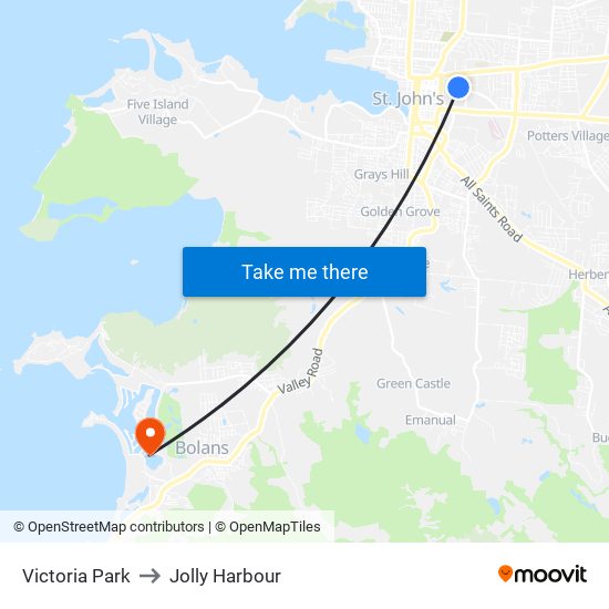 Victoria Park to Jolly Harbour map