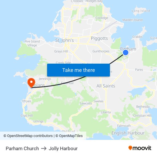 Parham Church to Jolly Harbour map