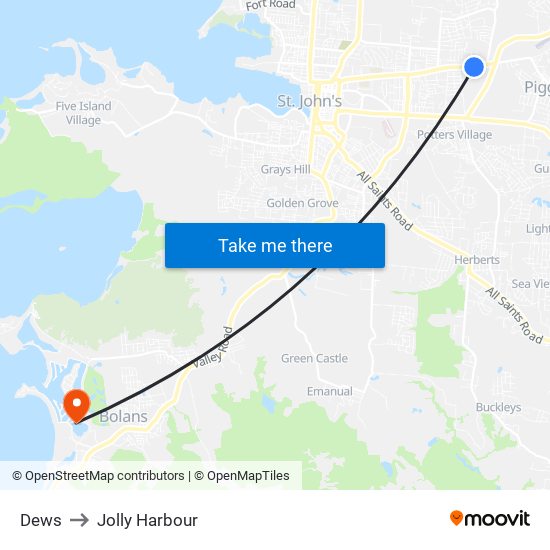 Dews to Jolly Harbour map