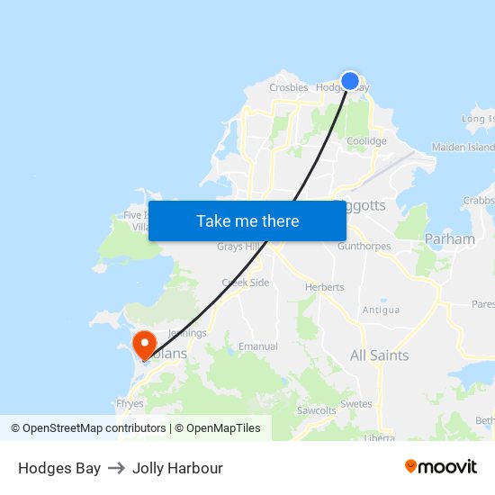 Hodges Bay to Jolly Harbour map