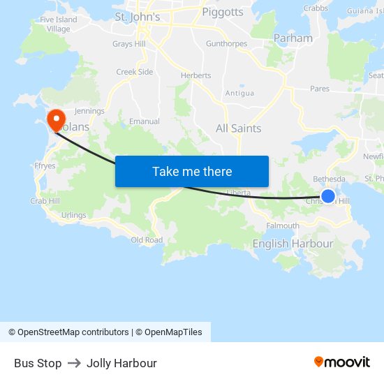 Bus Stop to Jolly Harbour map