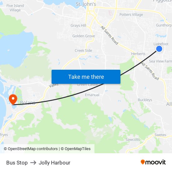 Bus Stop to Jolly Harbour map